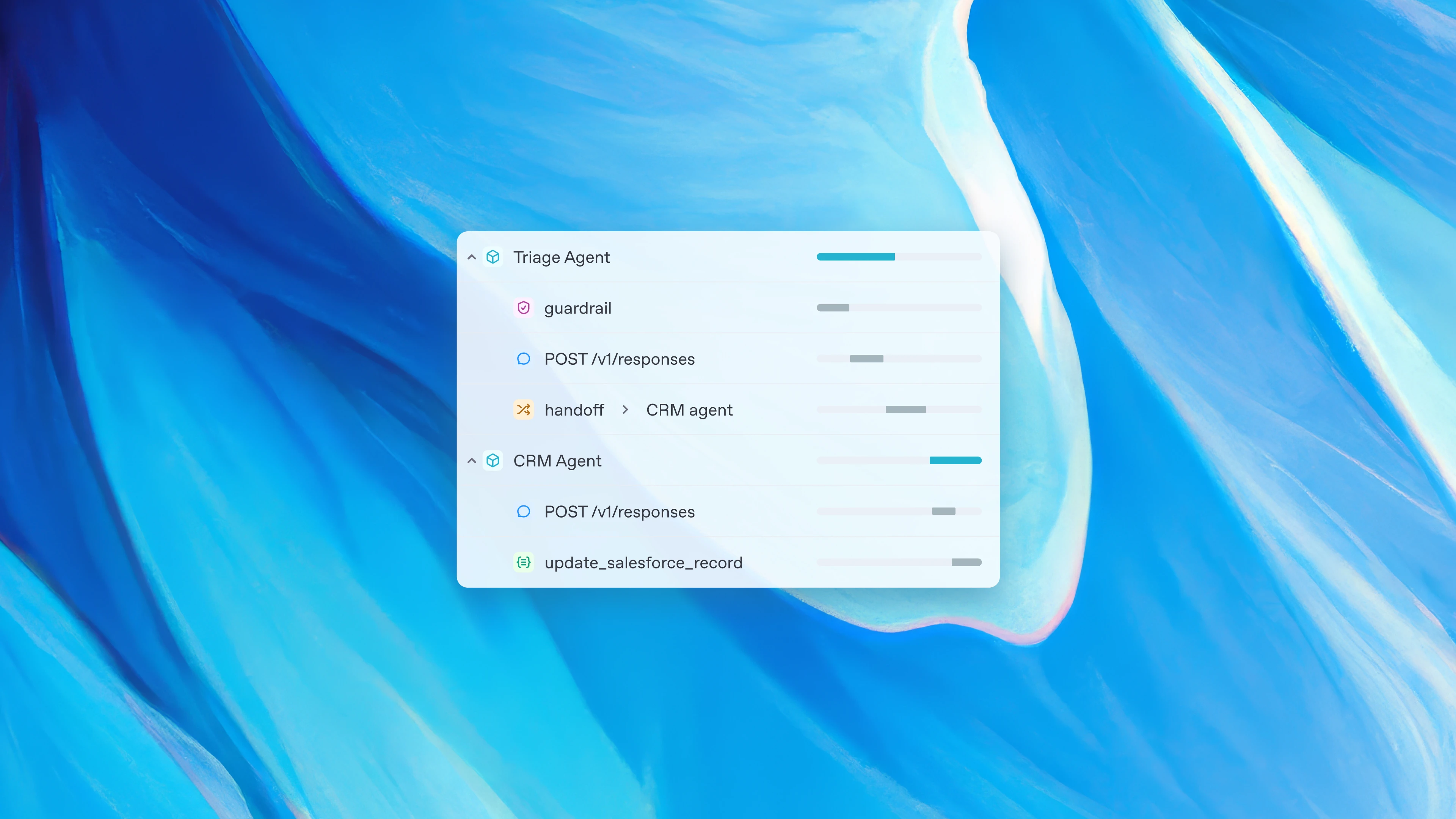 A sleek, minimal interface displaying a task list for an AI agent, including ‘triage_agent,’ ‘guardrail,’ and ‘update_salesforce_record,’ over a fluid blue abstract background.