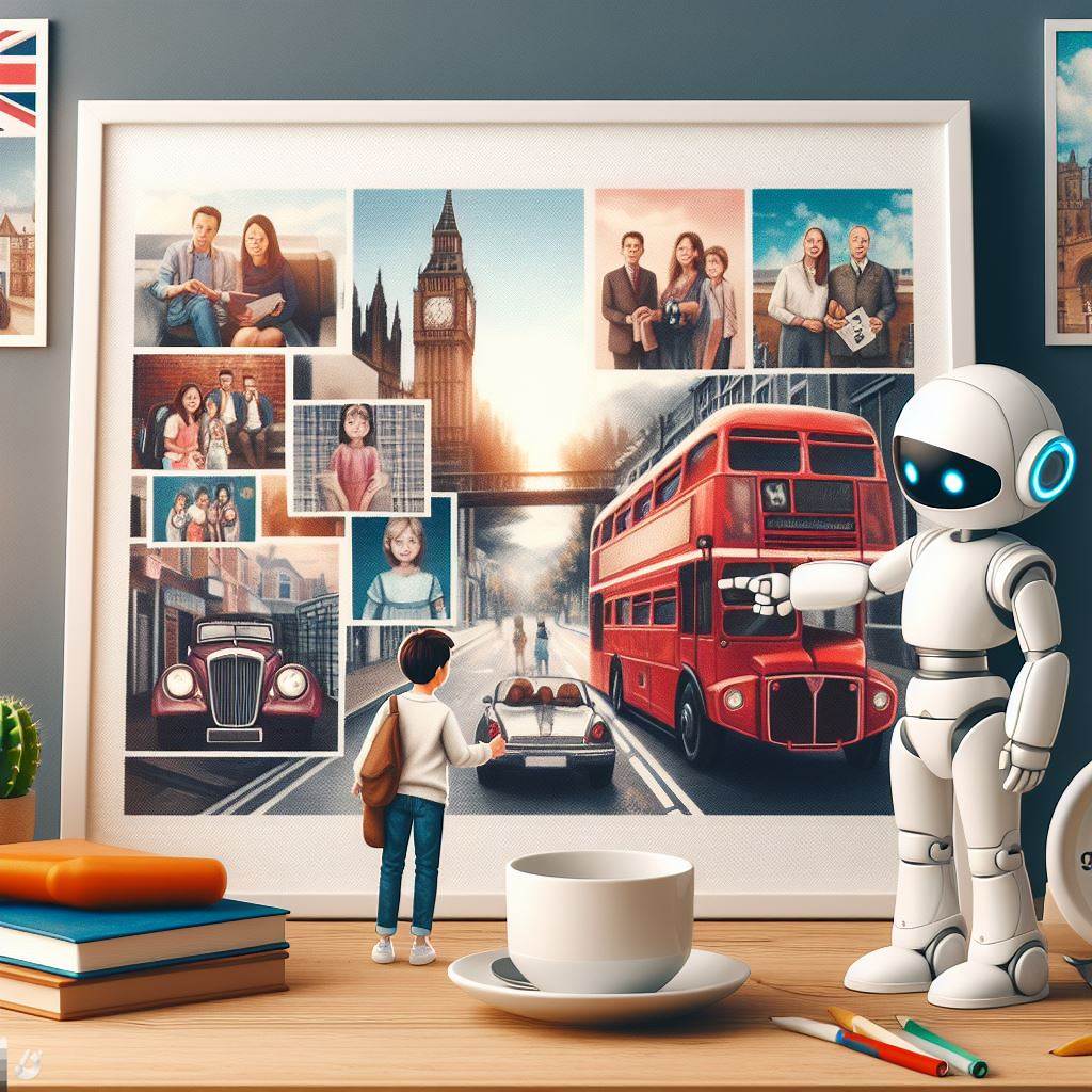 做一張人在回顧許多記憶的圖片，寫實風格，有著AI機器人對話，英國旅行，父母與小學女兒一起出去玩的圖片。